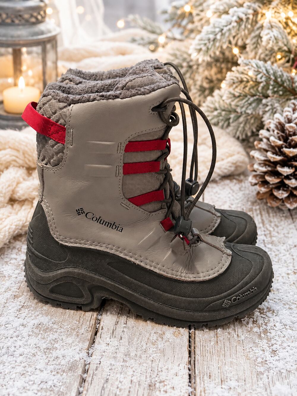 Columbia Youth Waterproof Winter Snow Boots Gray Red Size 5 / EU 37